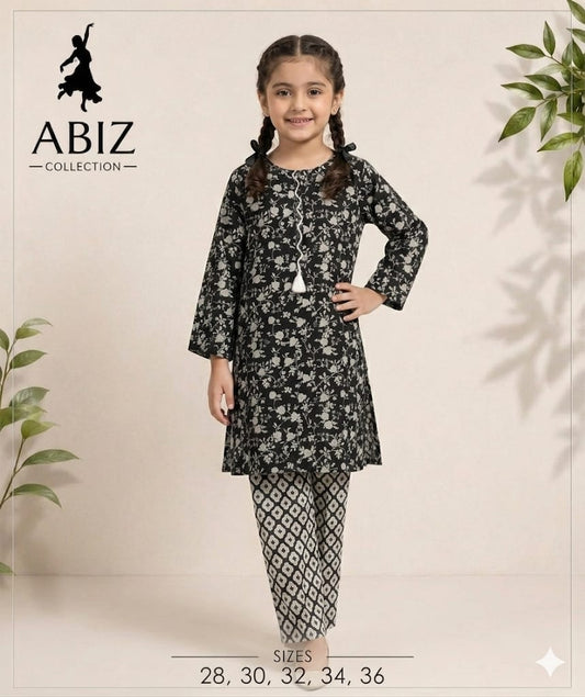 Girls Black Floral Printed 2 Piece Kurti & Trouser Set | Kids Casual & Festive Wear