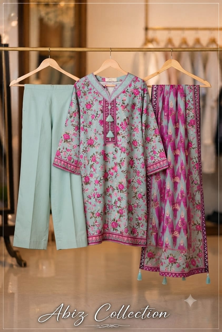Mint Green & Magenta Floral Printed Suit with Tassel Dupatta | Abiz Collection
