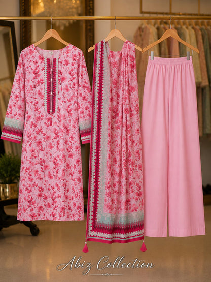 Pink Floral Printed 3 Piece Lawn Suit with Dupatta | Abiz Collection