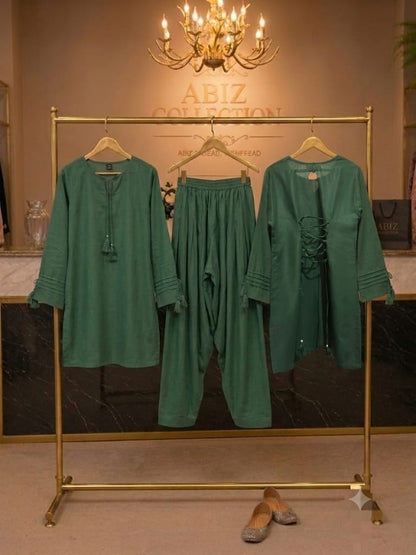 Bottle Green 2 Piece Shalwar Suit for Women | Premium Casual Kurti & Shalwar | Abiz Collection