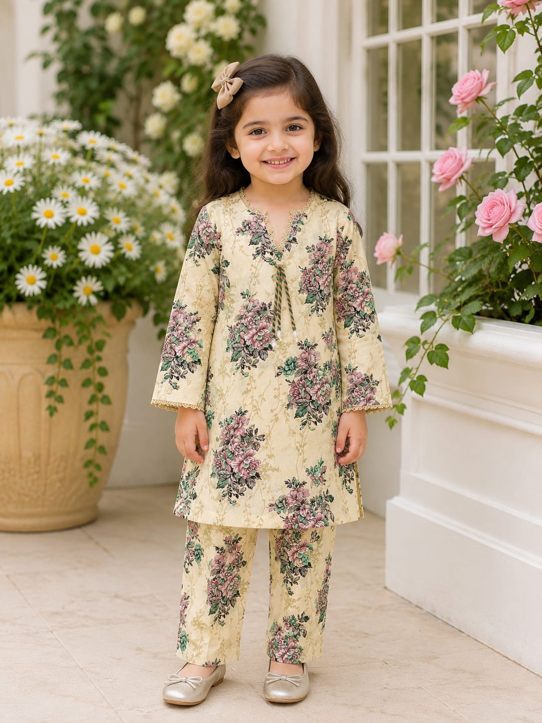 Cream Floral Printed Girls 2 Piece Suit | Kids Casual Kurti & Trouser Set | Abiz Collection