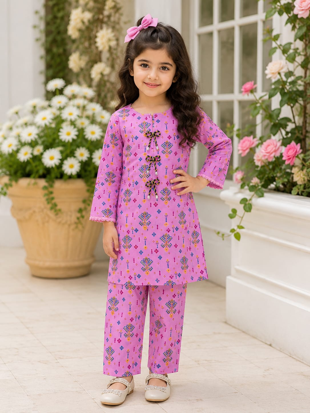 Pink Printed Girls 2 Piece Suit | Kids Casual Kurti & Trouser Set | Abiz Collection