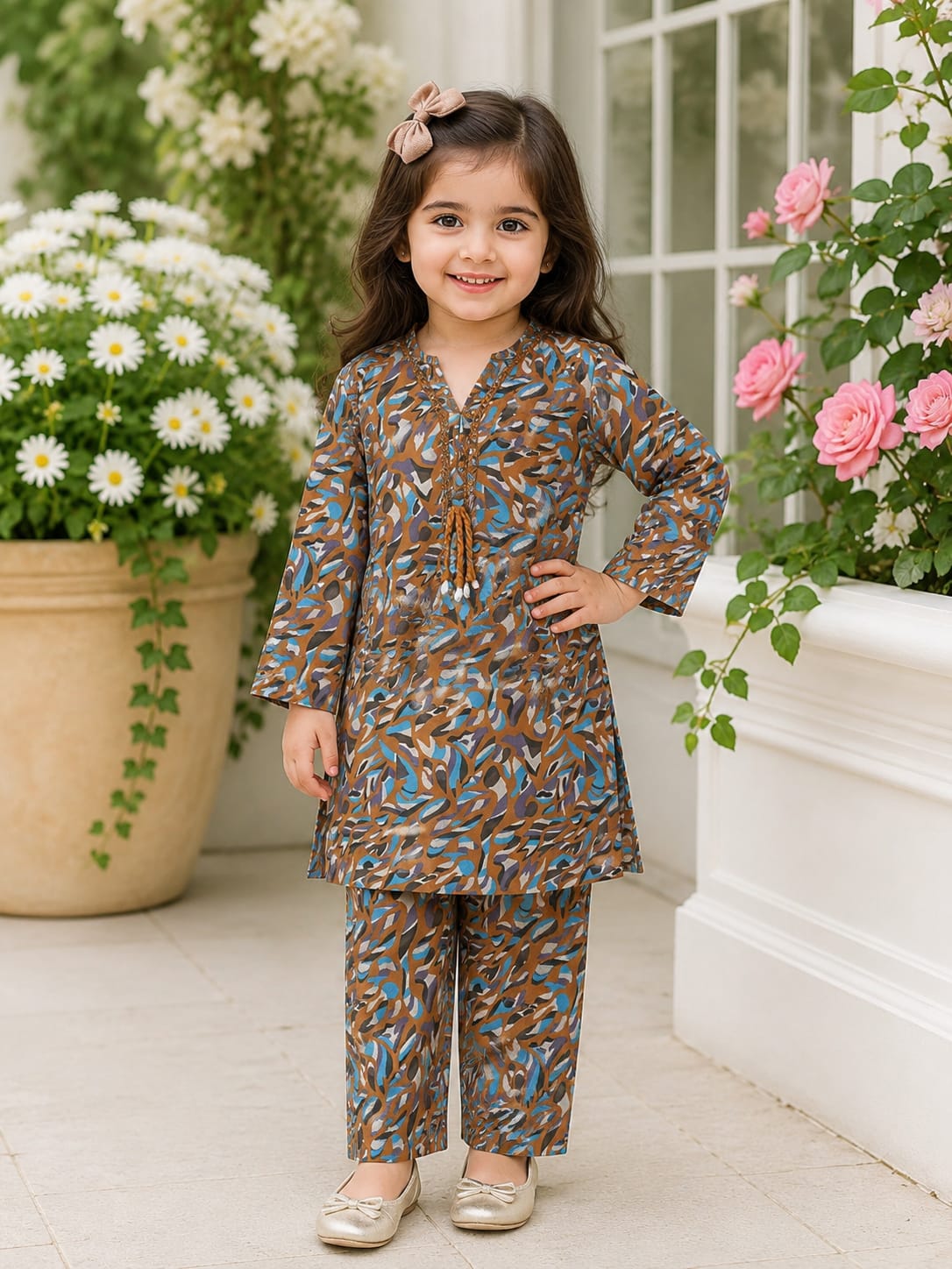 Brown Abstract Printed Girls 2 Piece Suit | Kids Casual Kurti & Trouser Set | Abiz Collection
