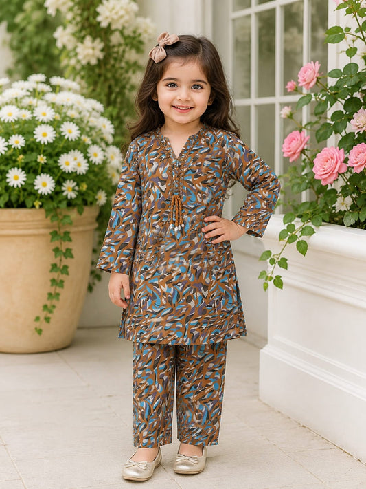 Brown Abstract Printed Girls 2 Piece Suit | Kids Casual Kurti & Trouser Set | Abiz Collection
