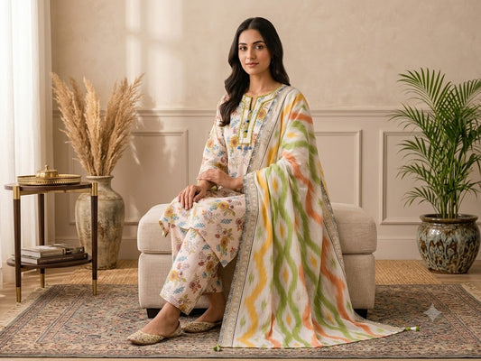 Cream Floral Print 3-Piece Lawn Suit with Vibrant Ikat Dupatta-ABIZ COLLECTION