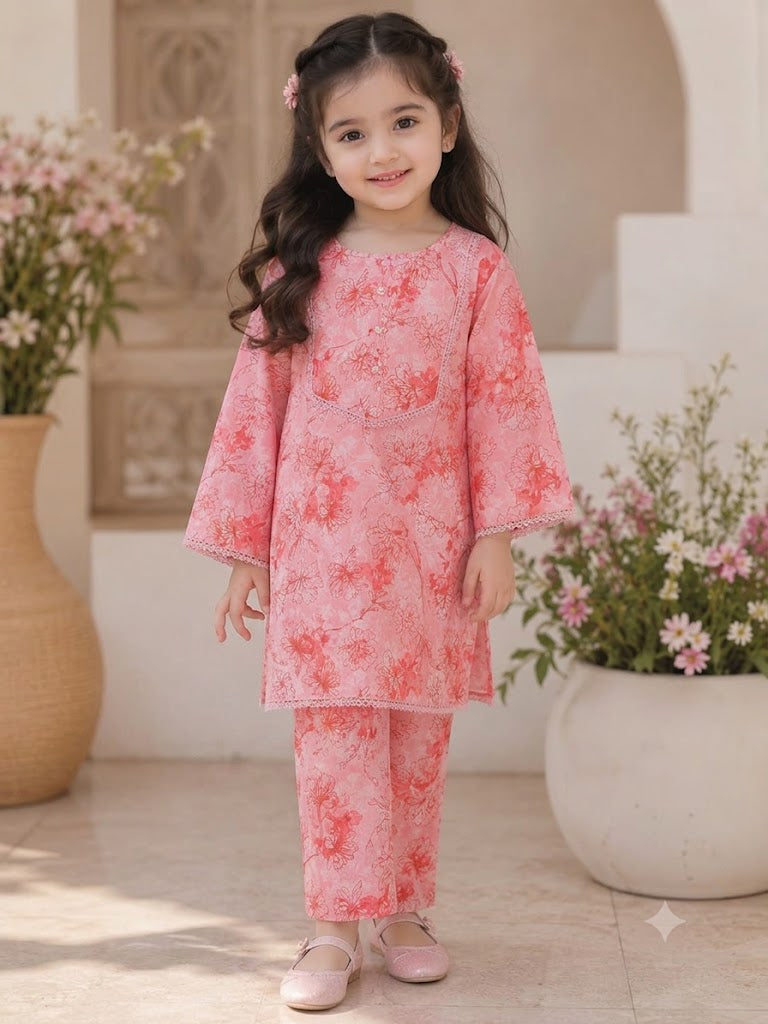 Pink Floral Printed Girls 2 Piece Suit | Kids Casual Kurti & Trouser Set | Abiz Collection