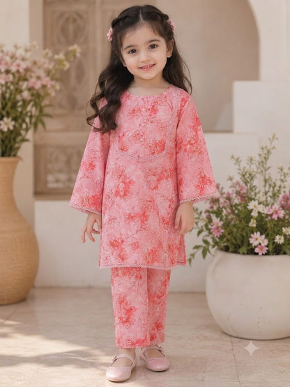 Pink Floral Printed Girls 2 Piece Suit | Kids Casual Kurti & Trouser Set | Abiz Collection