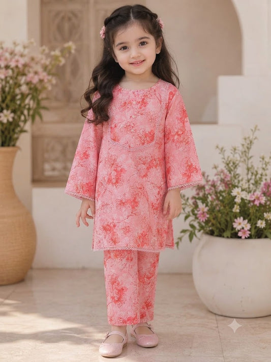 Pink Floral Printed Girls 2 Piece Suit | Kids Casual Kurti & Trouser Set | Abiz Collection