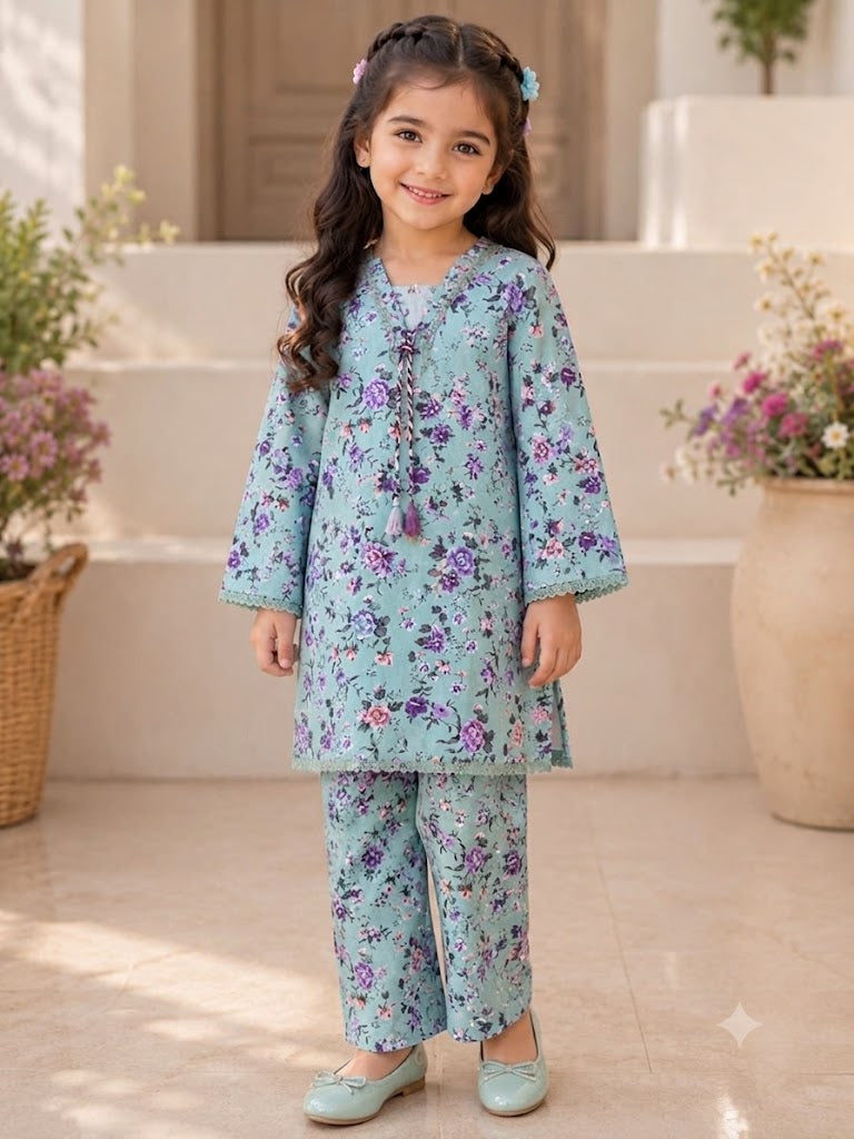 Sky Blue Floral Printed Girls 2 Piece Suit | Kids Casual Kurti &amp; Trouser Set | Abiz Collection