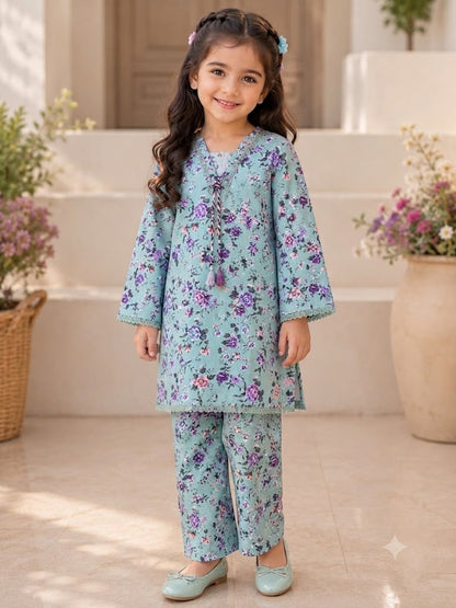 Sky Blue Floral Printed Girls 2 Piece Suit | Kids Casual Kurti &amp; Trouser Set | Abiz Collection